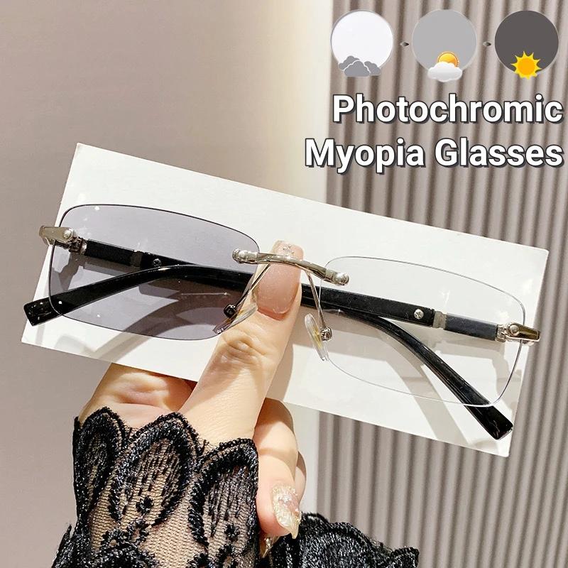 Высококачественные Бизнес Фотохромные Безрамные Очки для Близоруких Мужские Срезанный Край Анти Синий Свет Очки для Чтения Меняющие Цвет