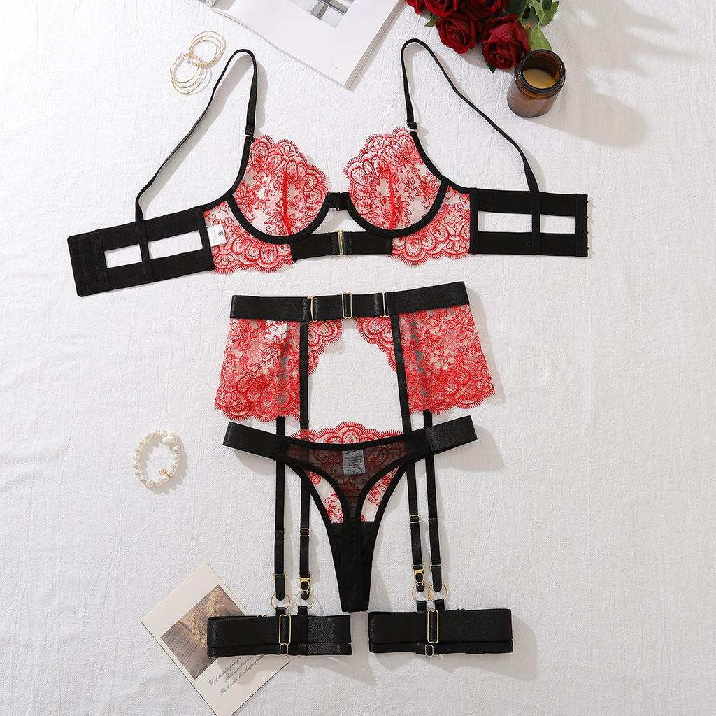Европейское и американское вышитое кружево Высококачественное эротическое нижнее белье: Сексуальный прозрачный комплект с металлическим пряжками для формирования фигуры с передней застежкой