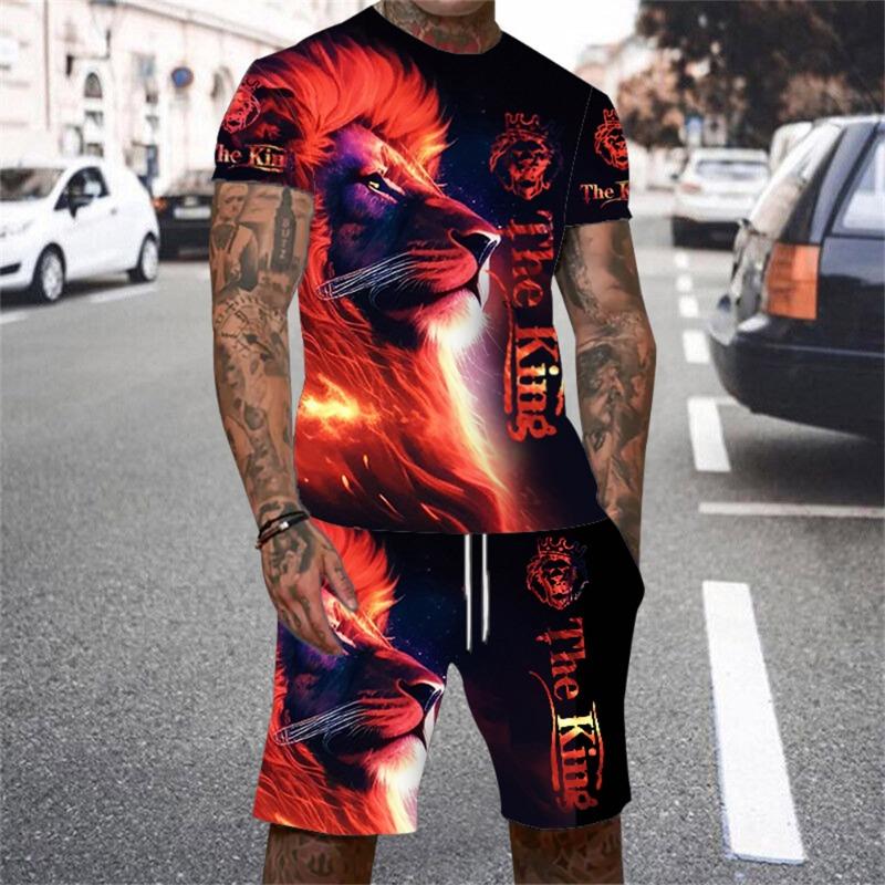 Комплект мужских футболок с принтом «Король Лев» 3D, летняя футболка с короткими рукавами и круглым воротником 2024 года, повседневный комплект мужской одежды для активного отдыха в стиле 3D