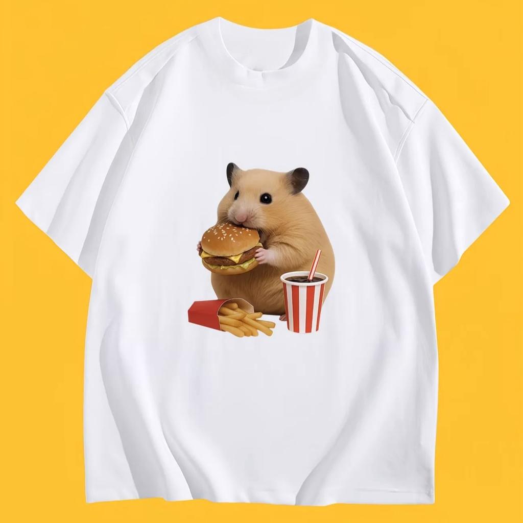 Funny Hamster Eating Burger T-Shirt Meme Graphic Summer Short Sleeve Women Humor Foodie Clothes with Many Korean Reviews Women