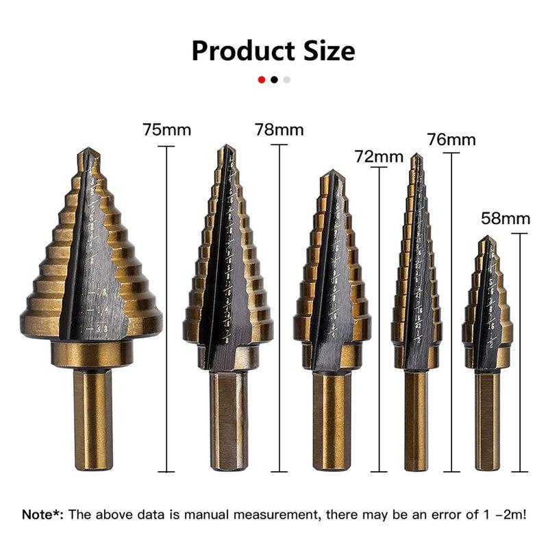 5PCS Titanium Step Drill Bit Set Professional Pagoda Drill Bits with Aluminum Case for Metal Wood Plastic