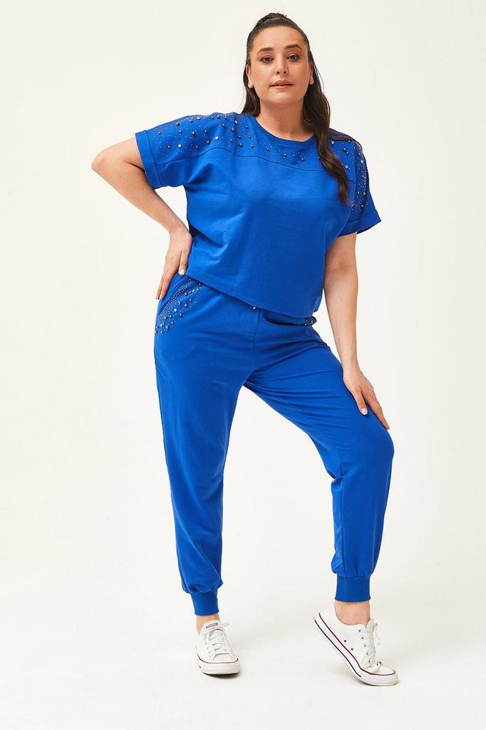 Женский модный спортивный костюм большого размера, летний зеленый спортивный костюм большого размера с камнями и бисером, с короткими рукавами