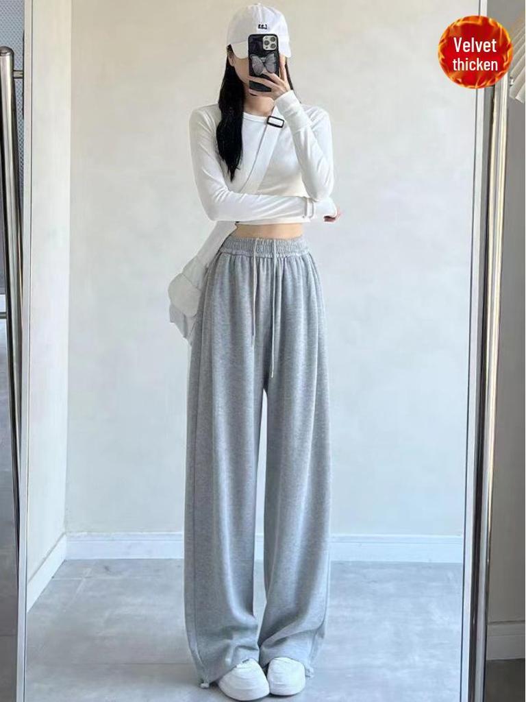Women's American-Style Gray Sweatpants: Spring & Autumn Loose Fit, Slimming, Wide-Leg, Straight-Leg, Winter Fleece-Lined.