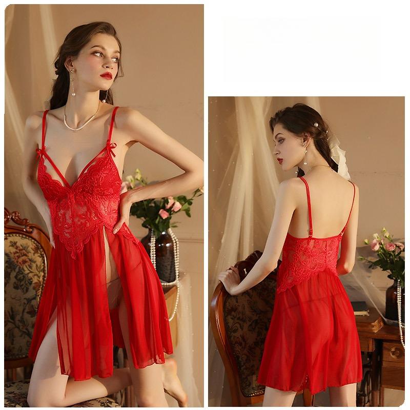 Сексуальный сетчатый кружевной комплект пижамы с глубоким V-образным вырезом, ночная сорочка-топ с разрезом сбоку, комплект из двух предметов для отдыха 311, полный кокетливый комплект для сна с соблазнительным дизайном с разрезом сбоку