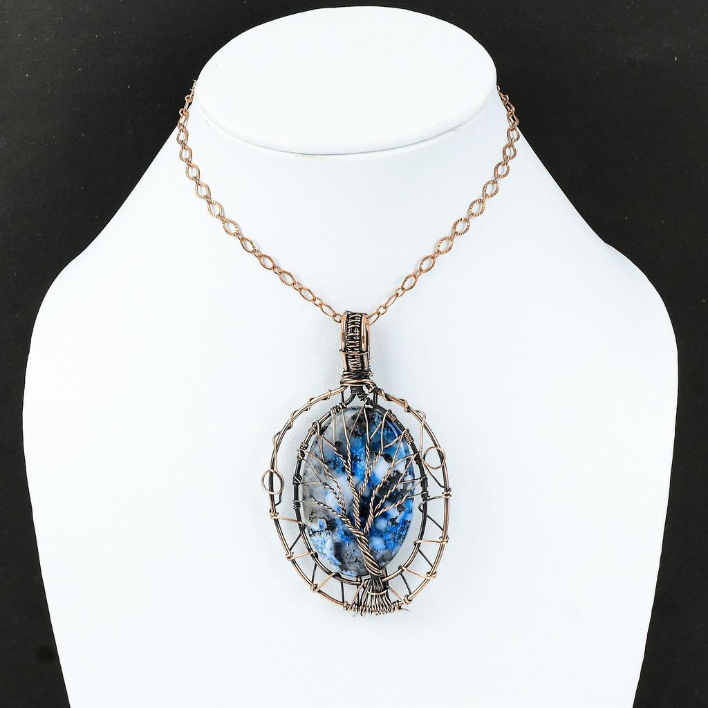 Подвеска из голубого дендрита и опала «Дерево жизни», медная проволочная обертка, драгоценный камень, подарок для нее, медная подвеска ручной работы, проволочная обертка, ювелирные изделия