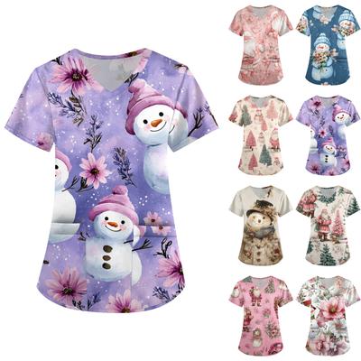 Женская рабочая униформа с принтом, V-образный вырез, карманы, базовый короткий рукав, пуловер, топ