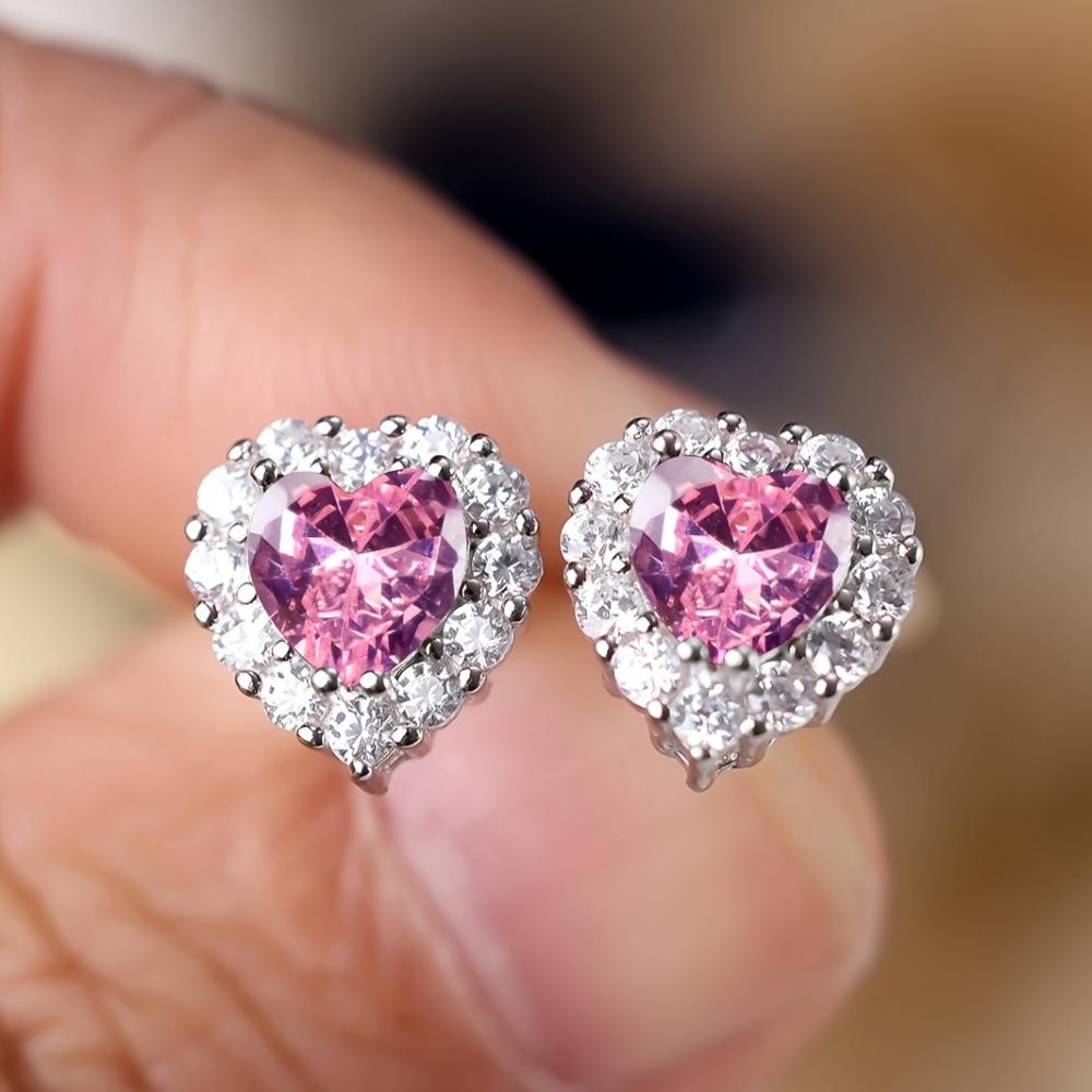 Real S925 Sterling Silver Aqua Blue Green Red Pink Heart Zircon Stud Earrings for Women Fashion Wedding Jewelry