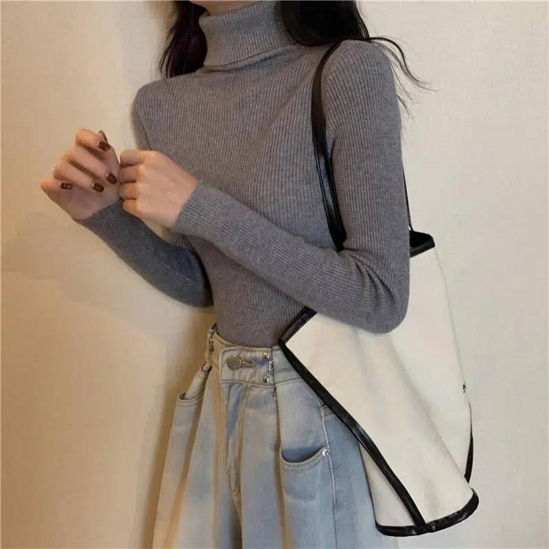 Turtleneck Pullovers Sweaters Women Autumn Winter Knitted Shirts Solid Color Long Sleeve Slim-fit Tight Jumper Tops