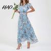Maxi Dress V-neck Ruffle Short Sleeve Waist Tight High-waist Women Flowy Hem Sweet Floral Print Chiffon Female Clothing