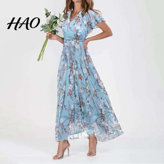 Maxi Dress V-neck Ruffle Short Sleeve Waist Tight High-waist Women Flowy Hem Sweet Floral Print Chiffon Female Clothing