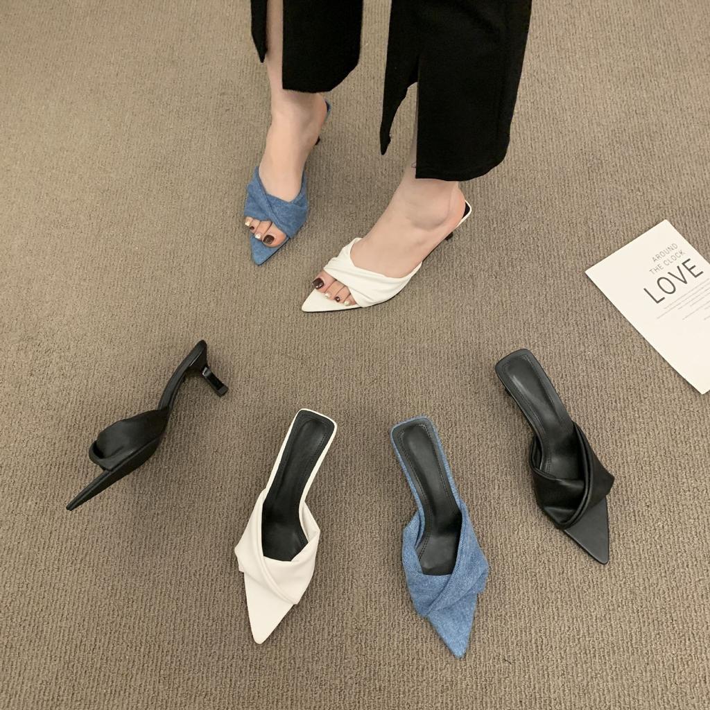 Весенние остроносые джинсовые синие домашние тапочки с открытым носом, сказочный стиль, шпилька, высокий каблук, однополосные шлепанцы с бантом