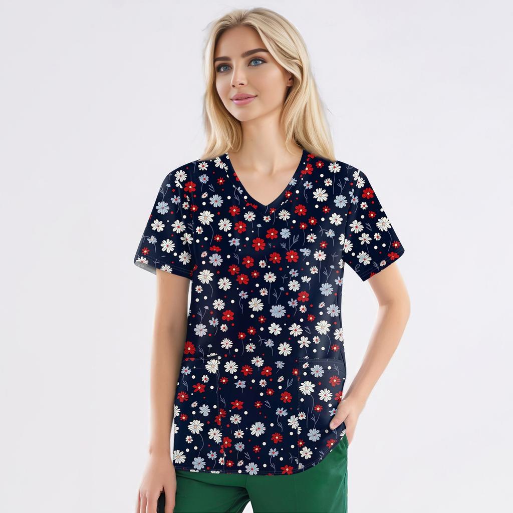 Рабочая форма больших размеров с принтом, топы для женщин, забавные футболки с v-образным вырезом и короткими рукавами, рабочая одежда, футболка с карманами