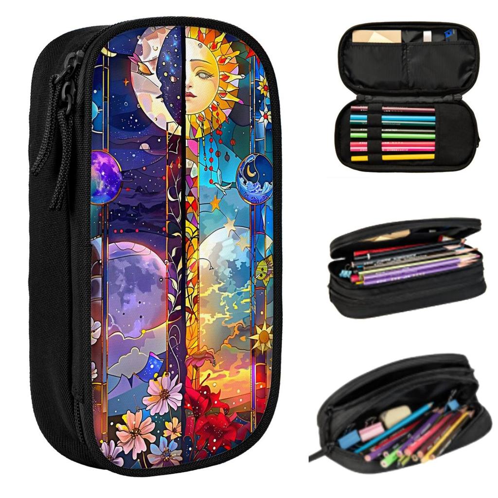 Trendy Sun Moon Boho Cosmos Astrology Pencil Case for Studen School Pen Box Pencil Bag Stationery Supplies Pen Holder Bag