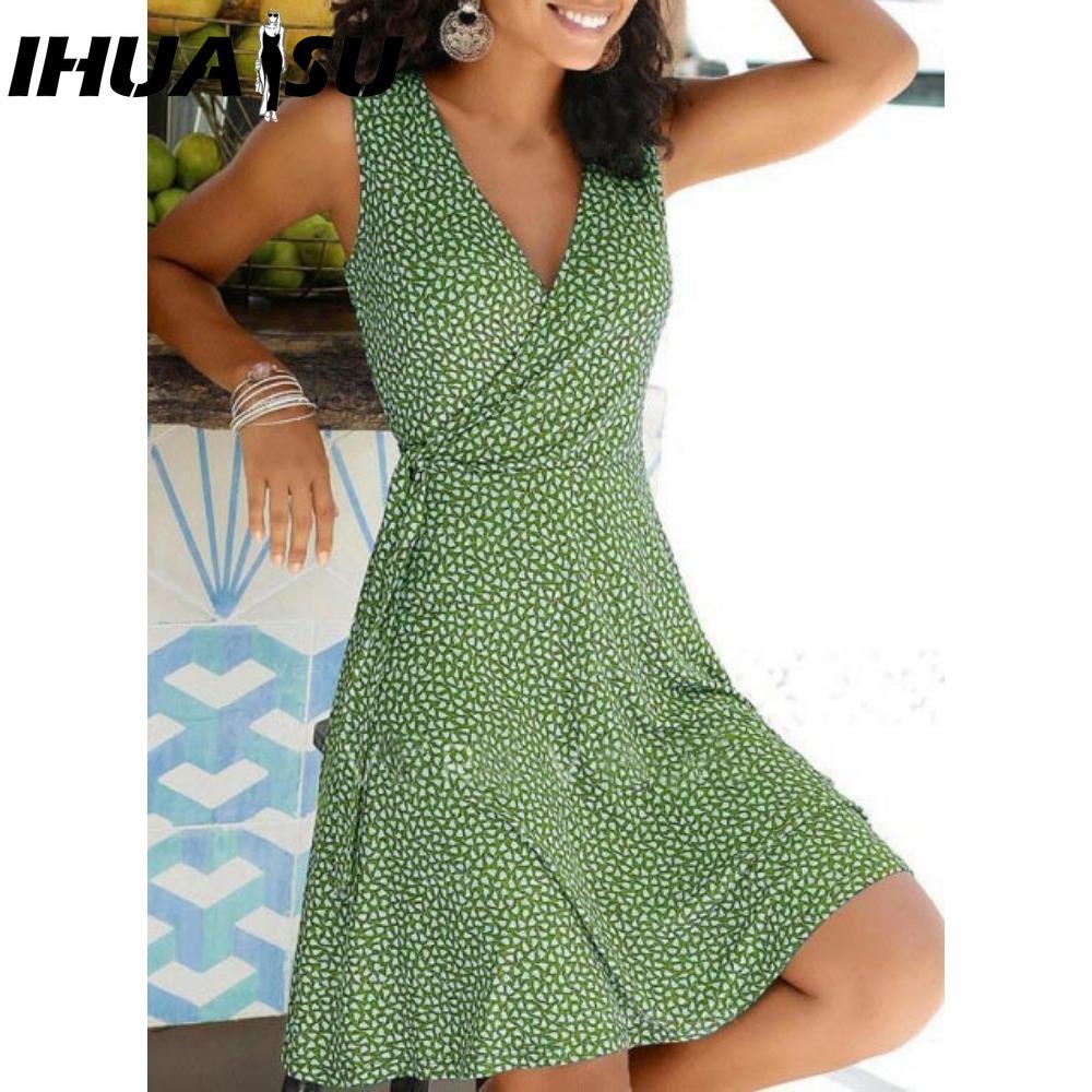 IHUASU Платье в горошек с принтом женское без рукавов бандажное пляжное платье летние богемные платья для женщин повседневные платья с V-образным вырезом женский халат