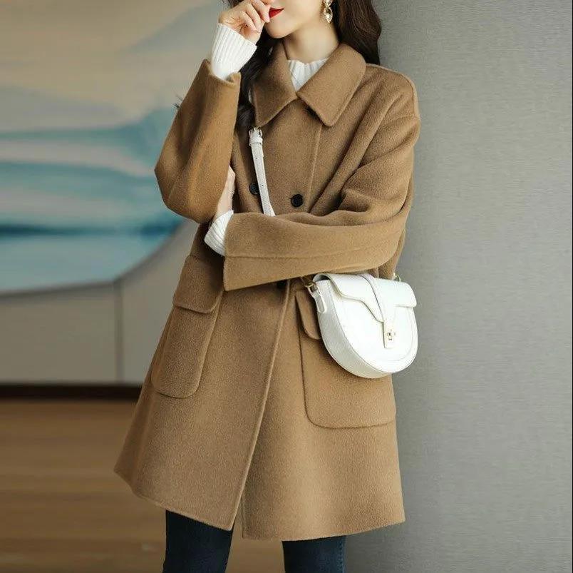 Women's Korean Style Wool Coat - 2024 Autumn/Winter, Age-Reducing, Thickened, Warm, Mid-Length, Loose Fit, Small Size.