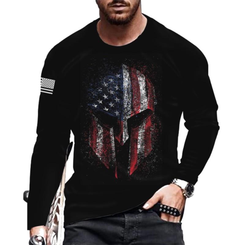 American Flag Print Long-Sleeved Men's T-shirt Spring Autumn Loose Tops Casual Fashion All-Match O-Neck Men Clothing 5XL EU Size