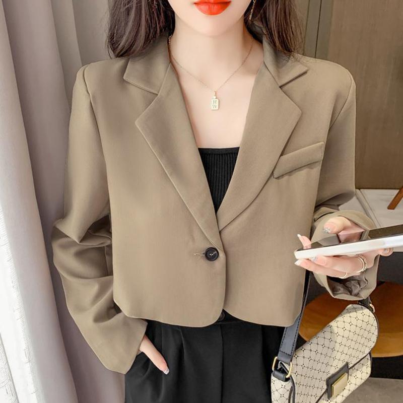 Korean Cropped Blazers Women Solid Color Simple Single-button Outwear Teens All-match Long Sleeve Office Suit Jacket
