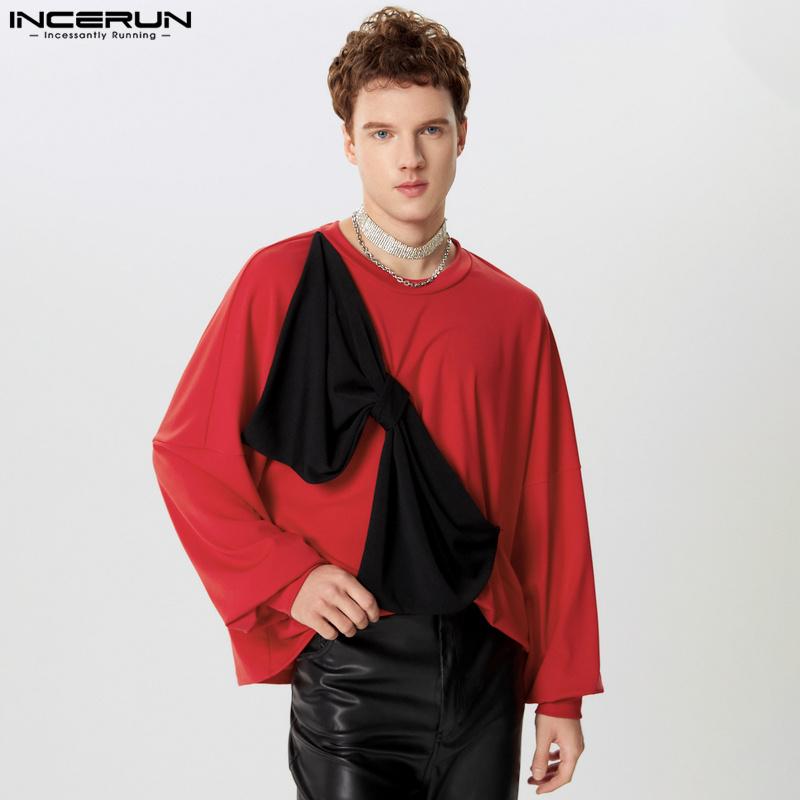 INCERUN Men Round Neck Big Bow Patchwork Long Sleeve Pullover Tops