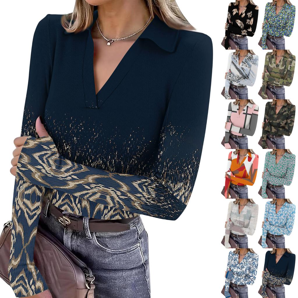 Women's Fashion Casual Print V-Neck Long Sleeve Button-Down Top