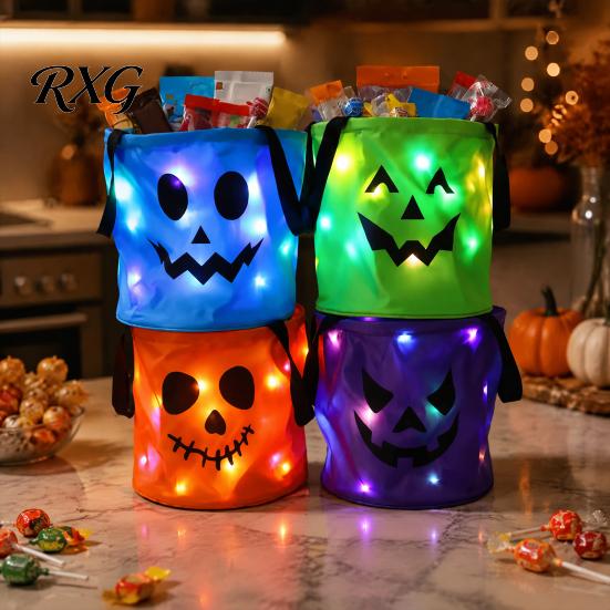 Fabric Gift Packaging for Kids Halloween Glowing Pumpkin Candy Bag LED Light up Trick or Treat Bucket Large Storage Buckets Reusable Waterproof Oxford