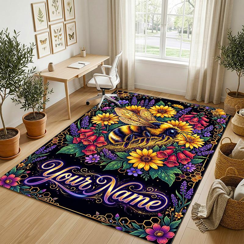 Bee Floral Theme Soft Crystal Velvet Rug Custom Name & Text Print Non Slip Floor Rug for Bedroom Living Room