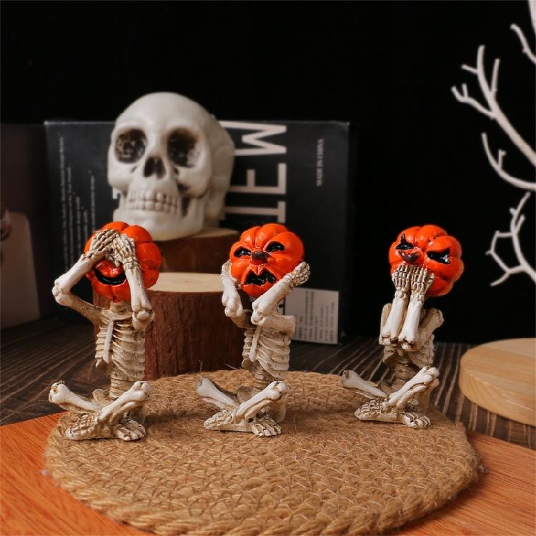 Pumpkin Skeleton Statue Mini Skull Figurines Resin Skull Fishers Sculpture for Outdoor Garden Pond Fountains Poolsides