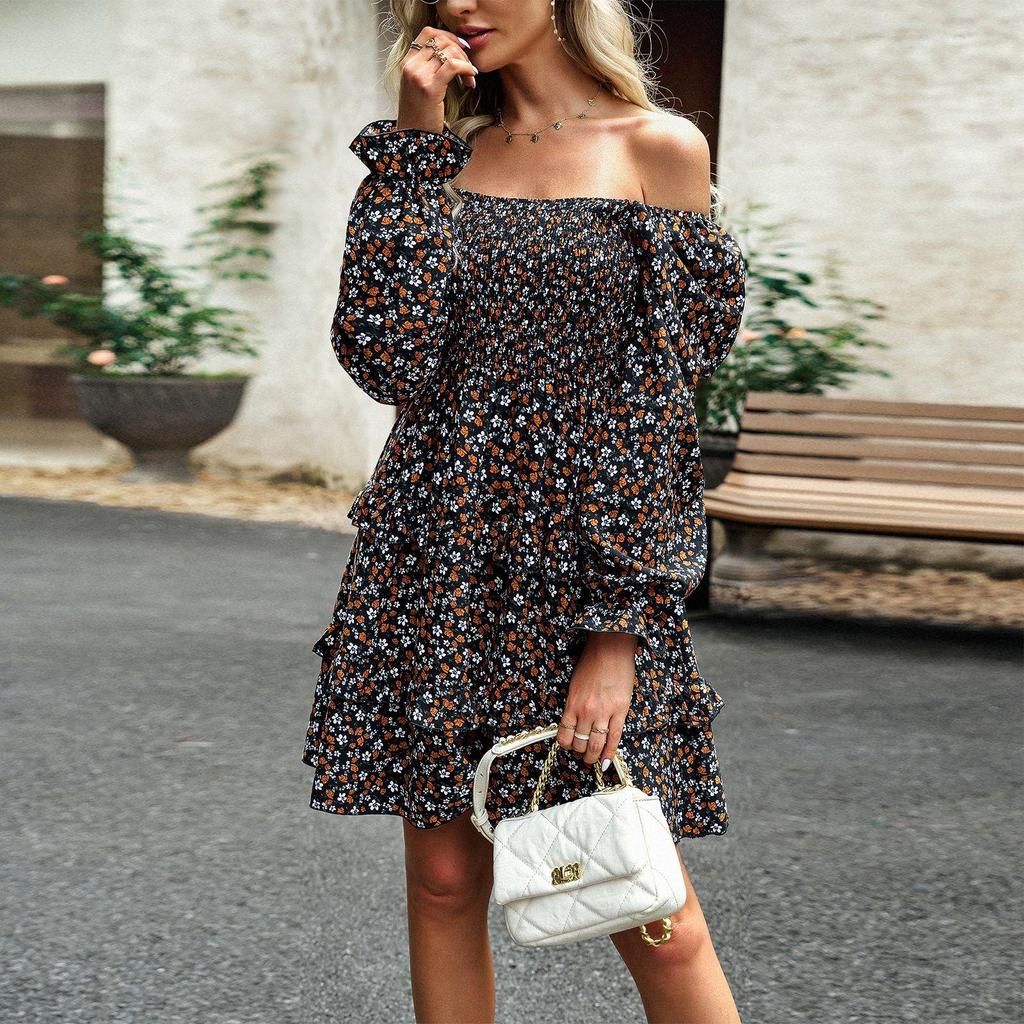 Женское осеннее элегантное плиссированное платье с квадратным вырезом и рукавами-фонариками