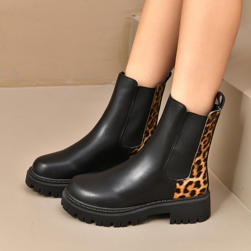 Мода Мода Леопардовый Принт Платформа Челси Ботинки Женские Слипоны Большой Размер Толстая Подошва Ботильоны Женские Искусственная Кожа Короткие Ботильоны Мухер