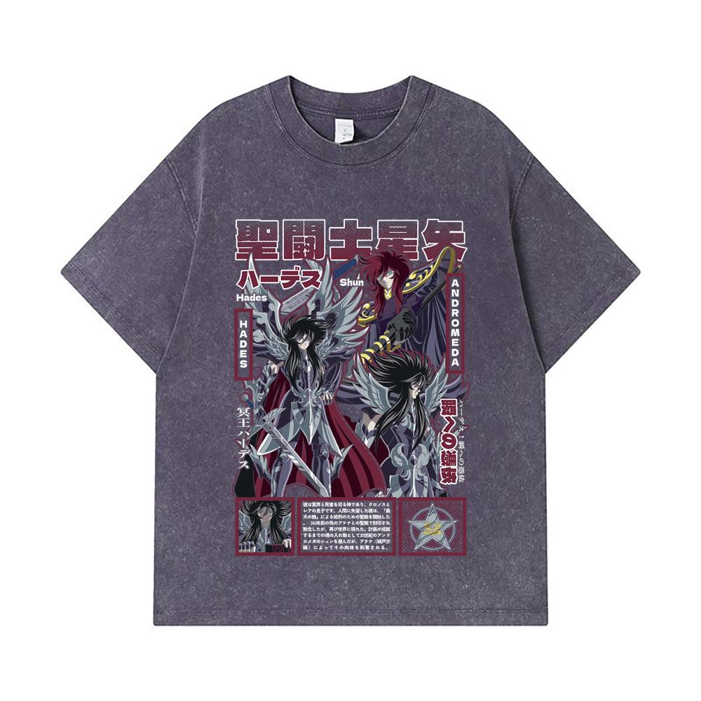 Стиранные футболки 275 г/м² 100% Хлопок Saint Seiya V4 Принт Аида Унисекс Тяжелая Хлопковая Футболка
