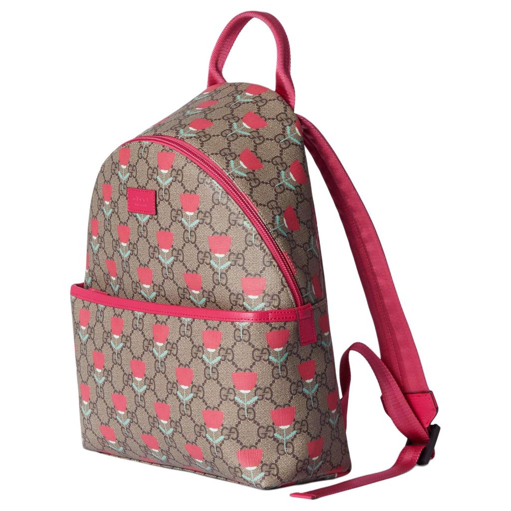 Gucci Рюкзак GG Supreme на регулируемом плечевом ремне, на молнии, с цветочным принтом, из канвы, детский, бежевый, темно-коричневый 782708-FADLO-9777