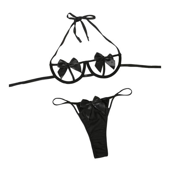 2 шт./комплект женский комплект нижнего белья с бантом декор ажурный трехточечный шнуровка халтер шея медовый месяц