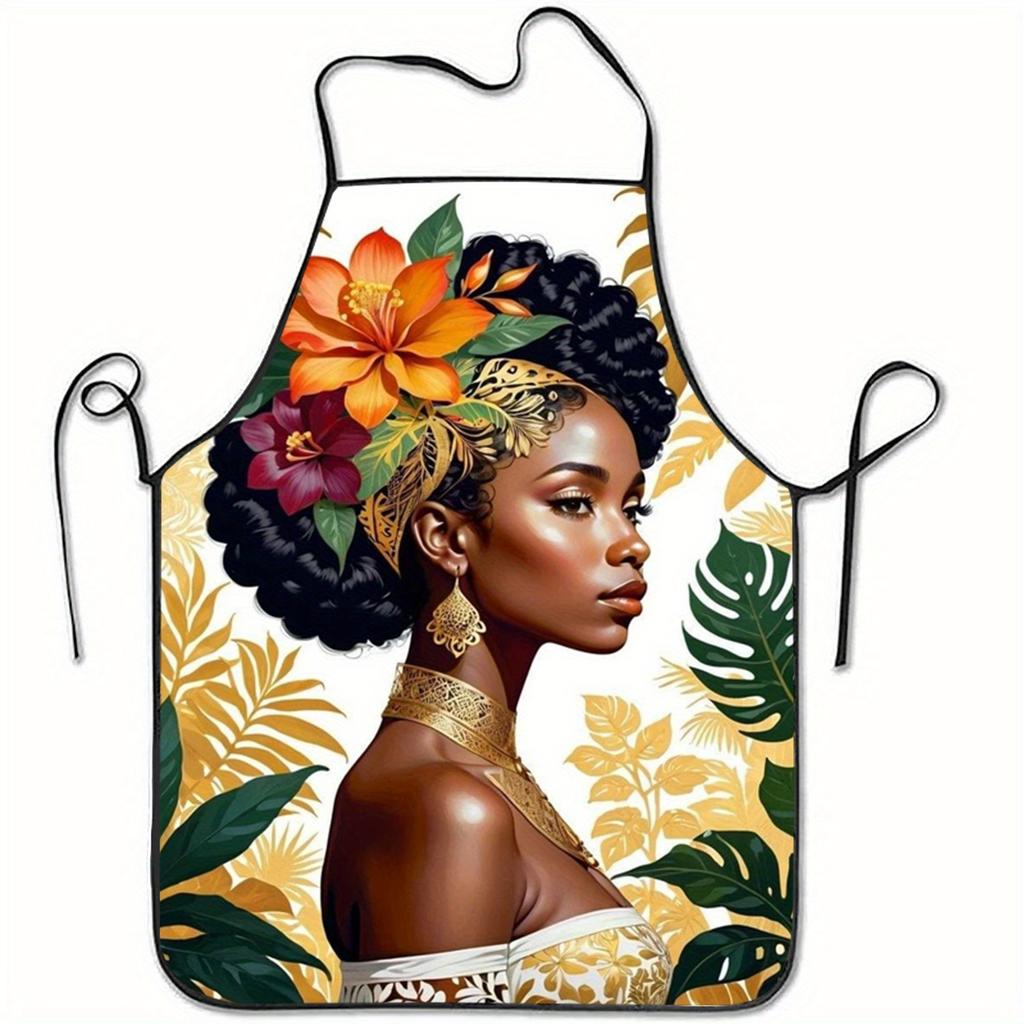 1pc Vibrant African-Inspired Floral Print Polyester Apron - Colorful Floral & Leaf Design, Golden Earrings & Headpiece Illustration, Perfect for Bakin