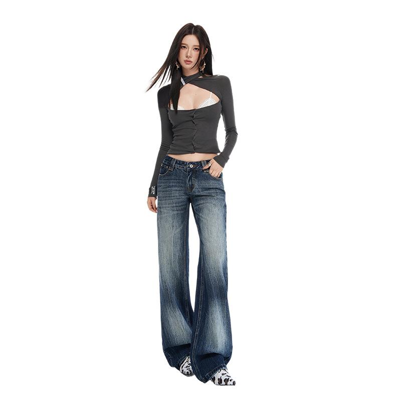 American retro design straight loose jeans women's autumn new low-rise and thin wide-leg floor pants