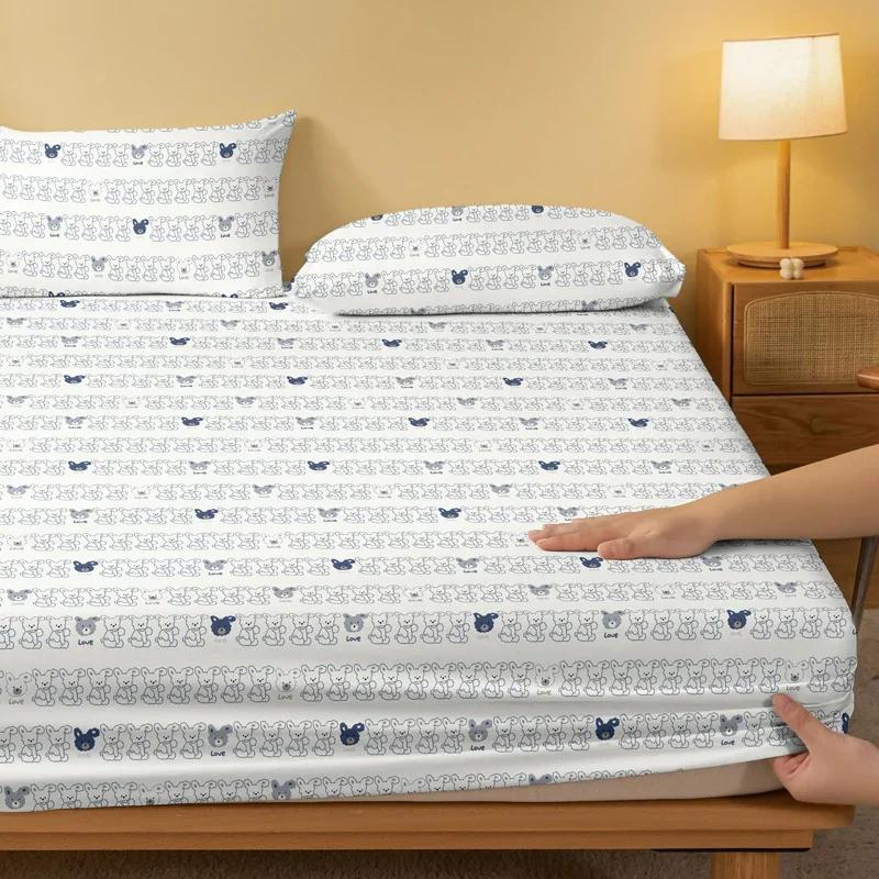 1 Cartoon Fun Animal Bear Dog Printed Matte Fitted Sheet, Bedroom Printed Bed Cover, Bedding (Excluding Pillowcases)