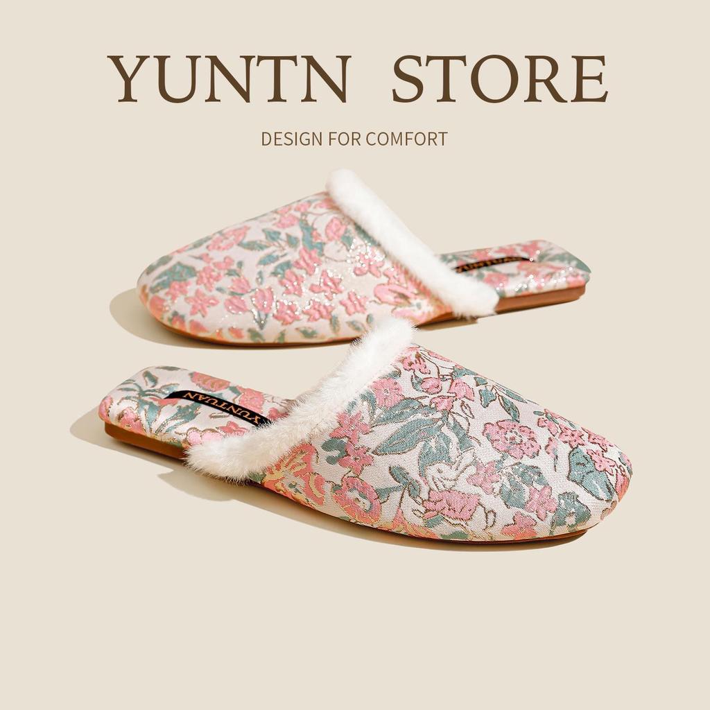 Женские флисовые тапочки с цветочным жаккардовым узором в китайском стиле, нескользящие, теплые, хлопковые, для осени и зимы