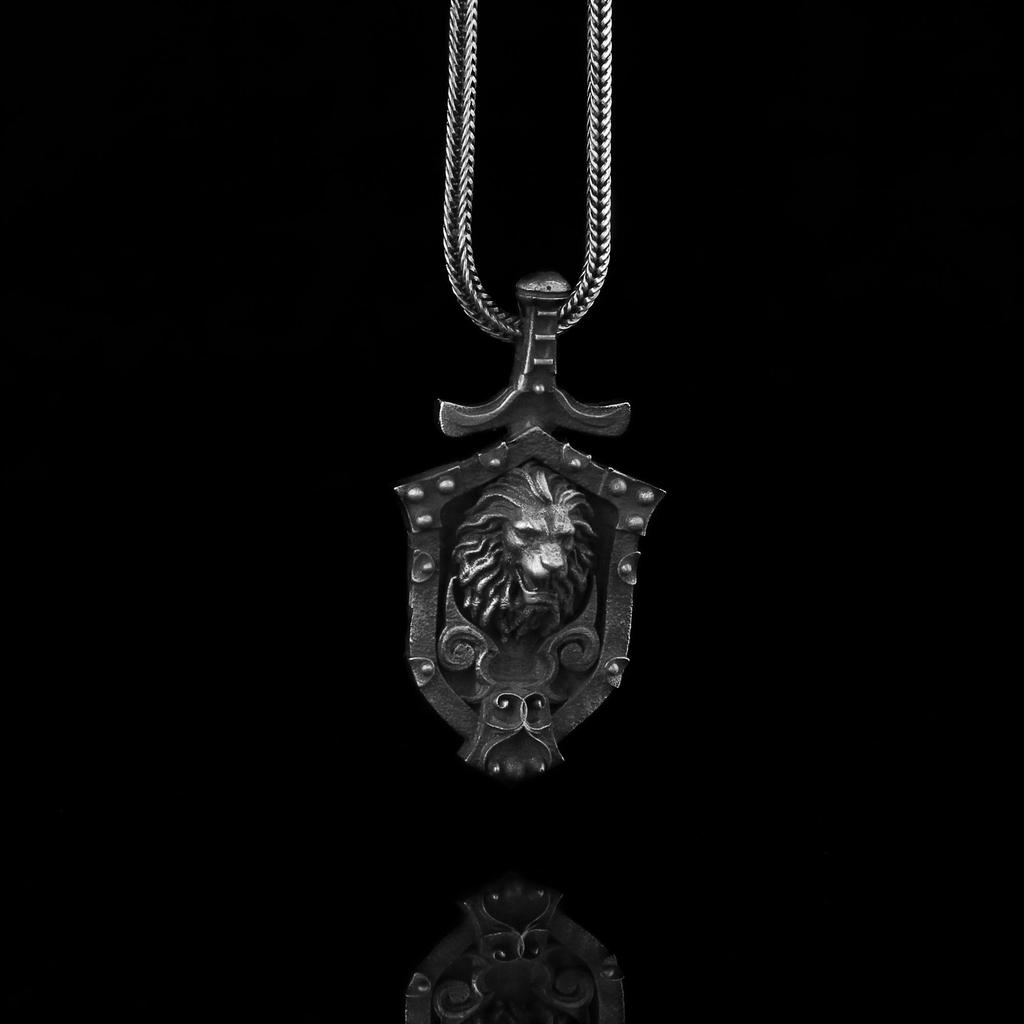 Warrior Lion Silver Necklace Leo Zodiac Pendant Sword Case Shape 925 Sterling Silver Fine Jewelry Men's Accessory Gift For Him Men Fashion