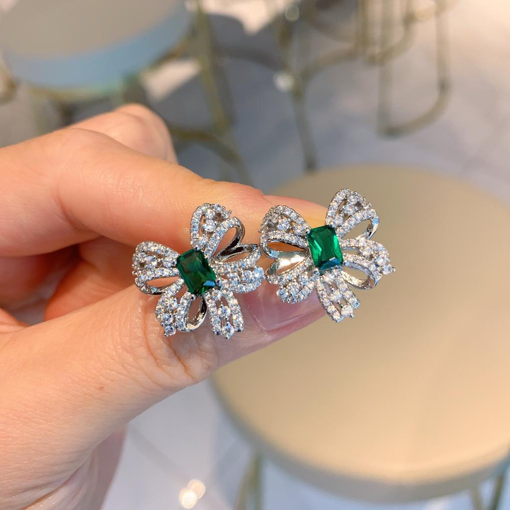 Green Tip Bow Bone Chain Necklace Women, Green Simple Earrings Ring Jewelry Set