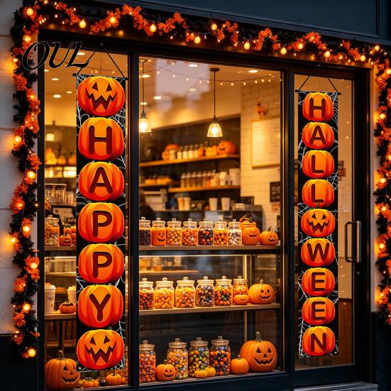 Durable Fabric Banner Halloween Porch Sign Banner, Pumpkin Ghost Party Awning Hanging Wall Decorative Holiday Door Decoration, Front Wreath
