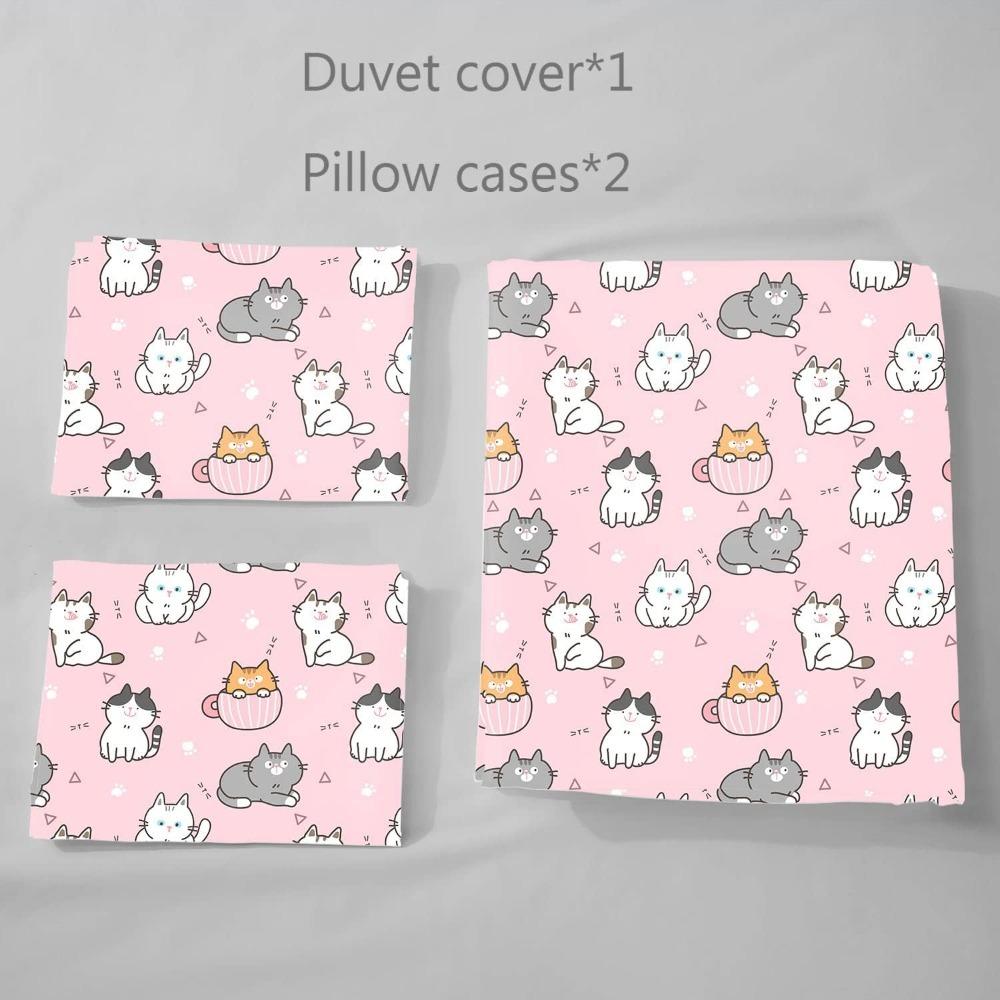 Cat Bedding Set, Duvet Cover for Children Adults,  Cute Pink Cat Chec Pattern Duvet Cover with Pillowcase Microfibre Bedding Set