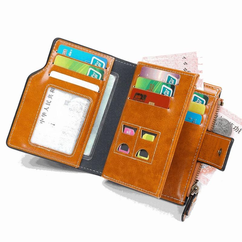 Женский короткий кошелек RFID-держатель для карт Ретро кошелек из кожи с восковым покрытием Большая вместимость Тройного сложения Множество отделений для карт Окно для ID Карман на молнии для монет Складная сумочка