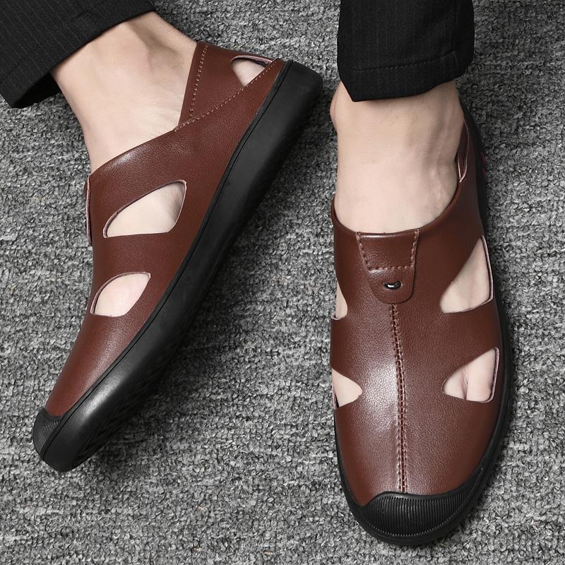 2024 Лето Горячие Продажи Мужские Пляжные Сандалии с Открытым Верхом Дышащие Легкие Мужские Повседневные Туфли Кожаные Туфли для Ходьбы