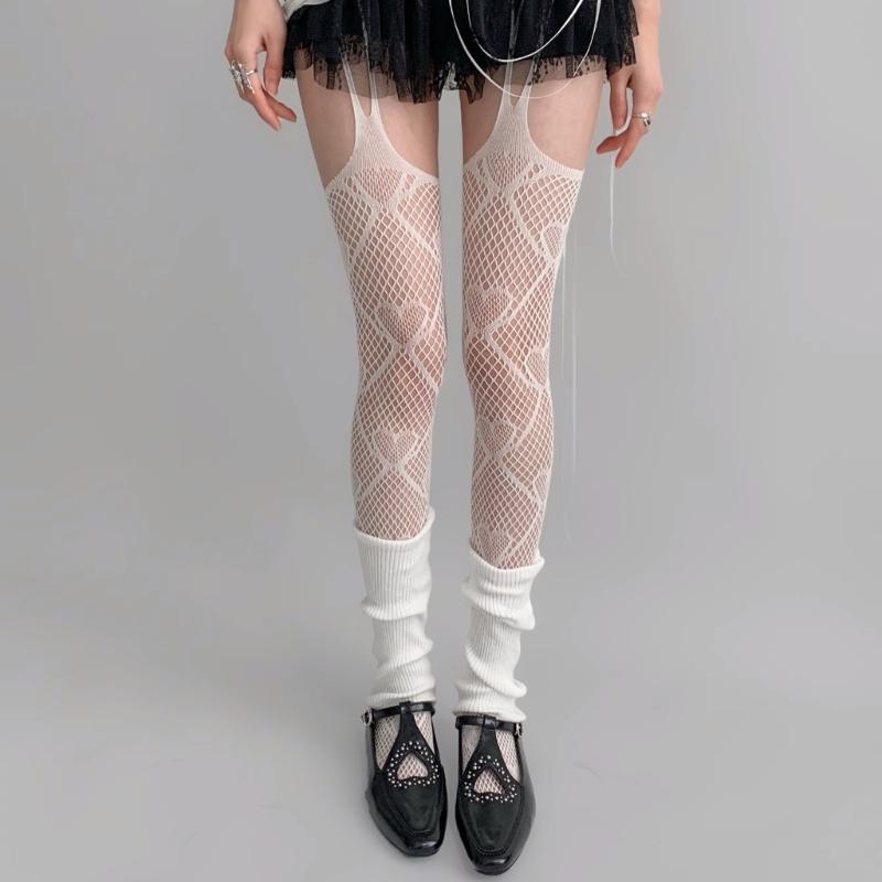 Women JK Gothic Sexy Fishnet Garters Thigh Highs Stockings Tights Hollow Out Heart Patterned Sheer Suspender Pantyhose