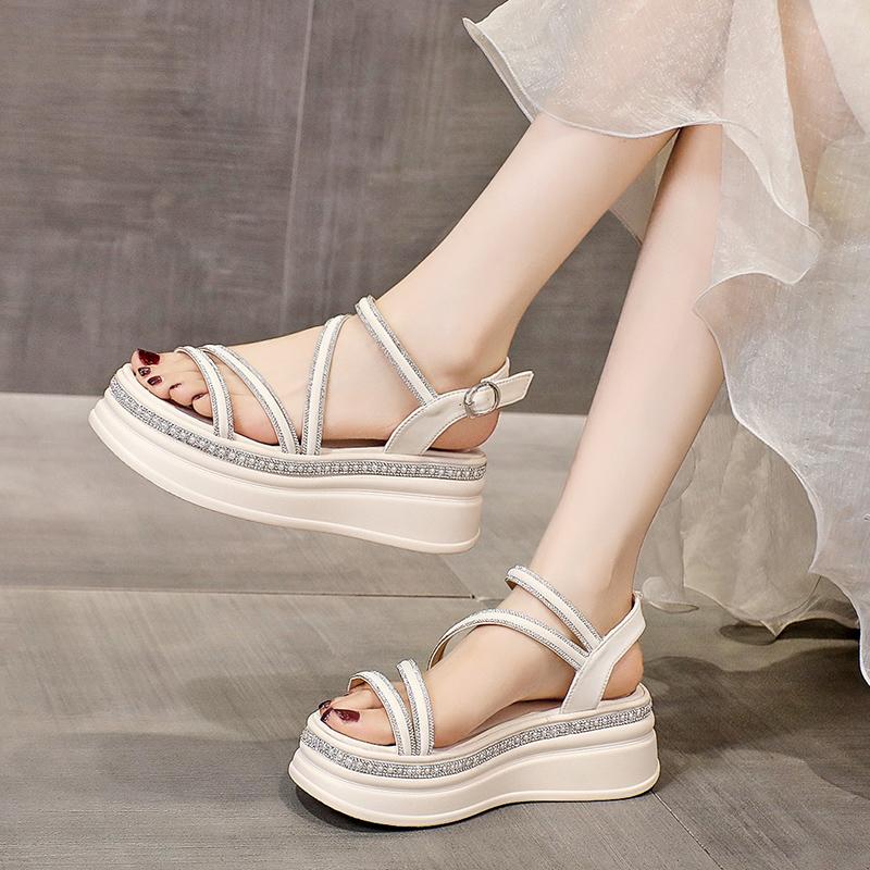 Fashion Waterproof Platform Sandals Summer New Round Head Thick Sole Crystal Thin with Soft Sole Non-slip Mid-heel Shoes