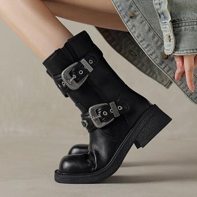 Зимние ботинки из коровьей кожи с квадратным носком и средним каблуком, современные ковбойские ботинки для женщин в стиле рок, винтажные ботильоны с металлическими застежками