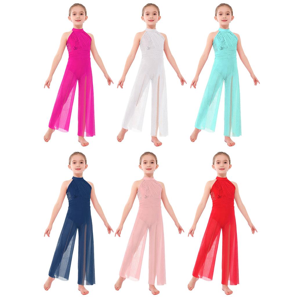 Женский комбинезон без рукавов с воротником-стойкой, перекрещивающимися бретелями на спине, блестящими пайетками, сетчатыми вставками и широкими штанинами, для лирического танца