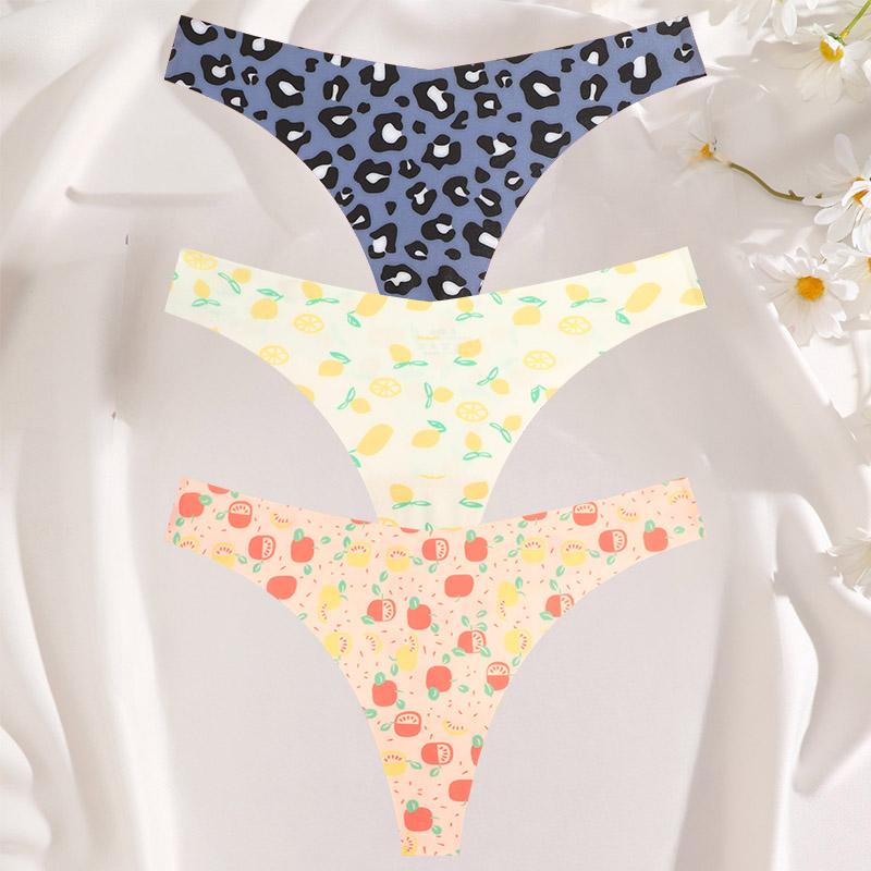 FINETOO 3 шт./компл. сексуальные стринги для женщин из ледяного шелка, цельные бесшовные трусики для девочек, свежее нижнее белье с низкой талией и принтом