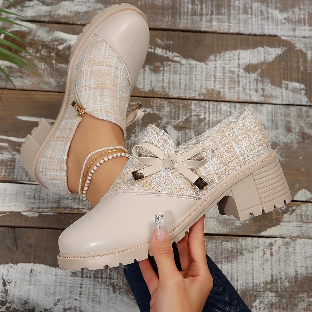 Модные женские элегантные туфли-лодочки в стиле колор-блок Comemore 2025 Весна Новинка Толстый каблук Женские одинарные туфли Круглый носок Декор в виде бантика Каблуки для женщин