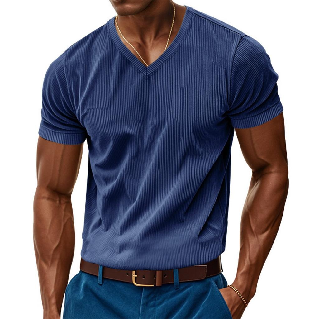Men's American Style Loose Casual V-neck Short Sleeve Corduroy T-shirt Skin-friendly Amekaji Tee Summer