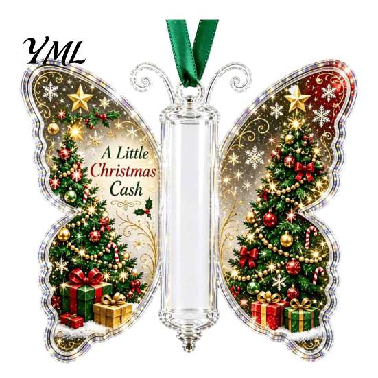 Seasonal Money Organizer Christmas Cash Gift Ornament, Acrylic Butterfly Holder with Built?in Clear Tube for Gifts Compartment, Holiday Hanging