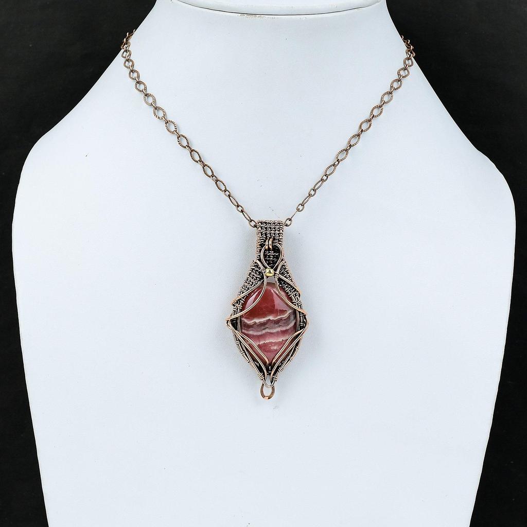 Подвеска с родохрозитом, медная проволока, кулон, драгоценный камень, медные украшения, кулон ручной работы, проволочная пленка, ювелирный подарок для мамы, кулон с камнем по случаю рождения